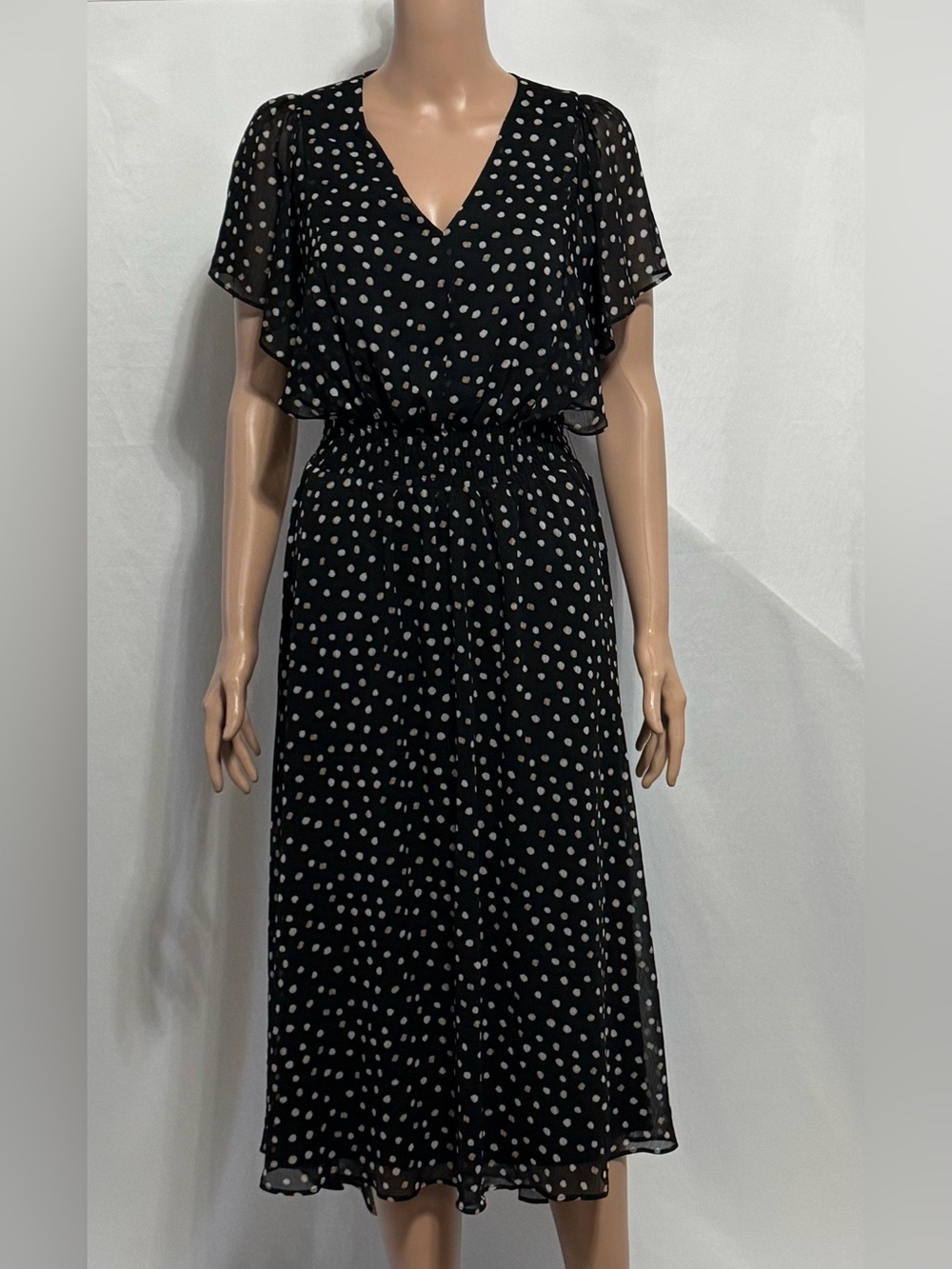 DKNY Women’s Printed Flutter-Sleeve Dress Black Multi Midi Size 4